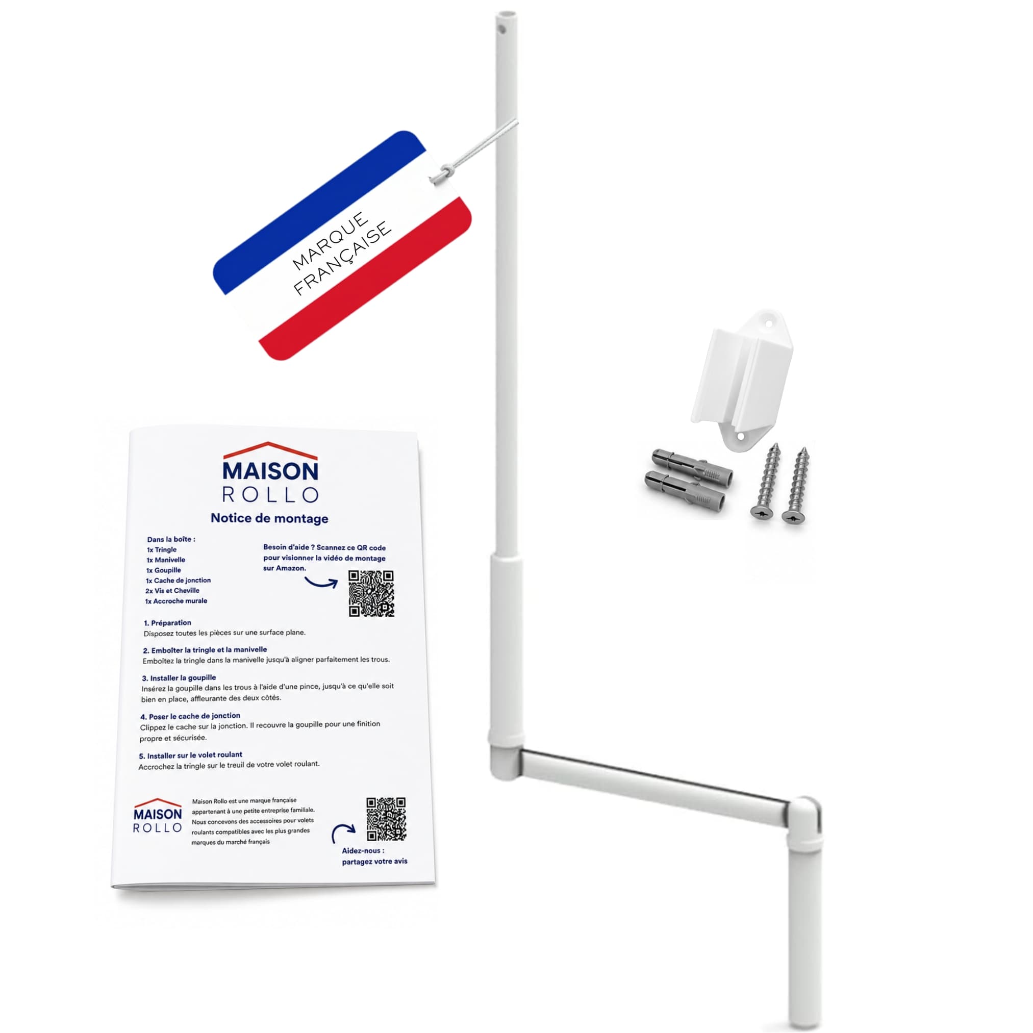 Kit manivelle complet Maison Rollo : manivelle, accroche murale, vis et chevilles + notice